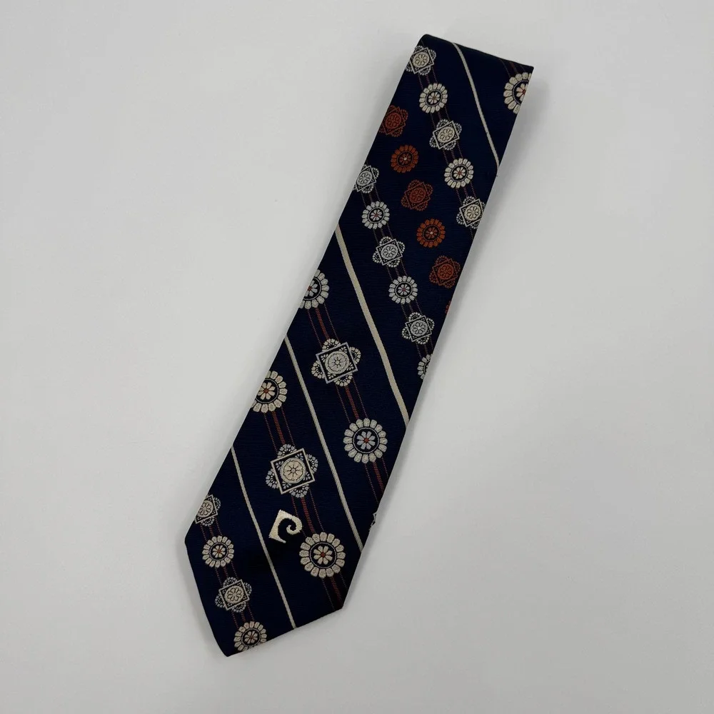Pierre Cardin Vintage Navy Blue‎ Silk Medallion Striped Geometric Necktie 70's